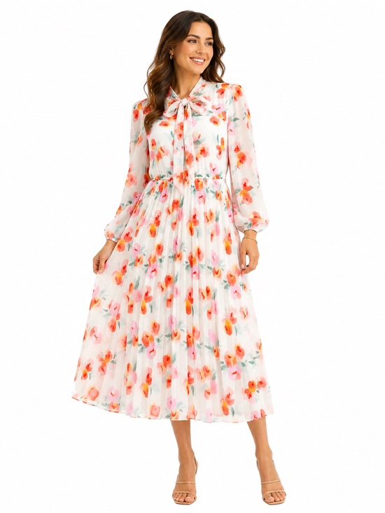 Lark + Grey Dresses & Skirts - Lark + Grey Tie-Neck Floral Midi Dress in White with Pink & Orange Print